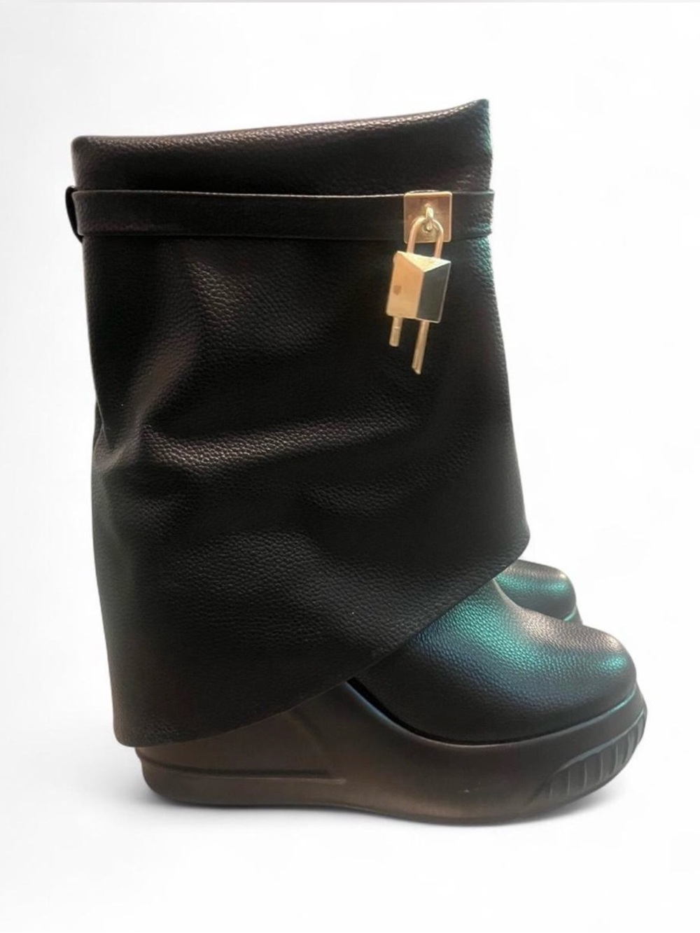 Fashion Nova Black Wedge Ankle Boots with Gold Padlock Accent